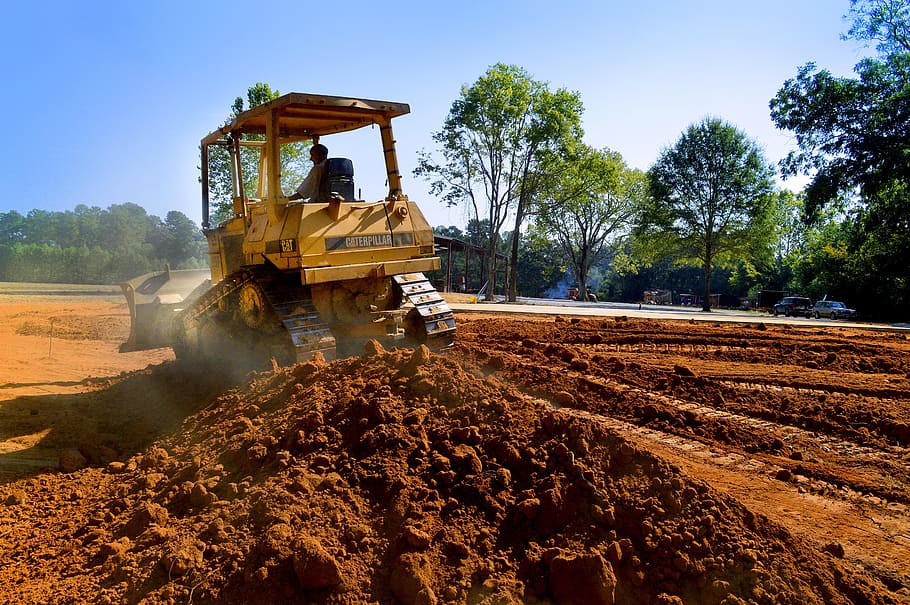 bulldozer, dirt, yellow, sky, trees, construction, site, machine