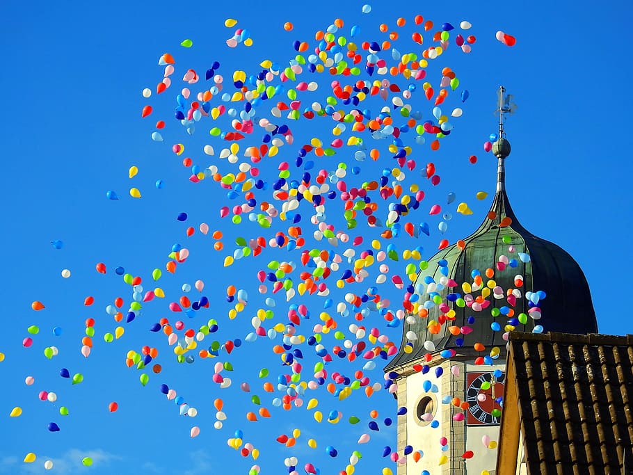 Balloon, Party, Carnival, Move, Sky, church, steeple, birthday HD wallpaper