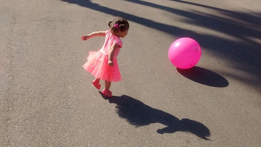 child, playing, pink, ball, small, childhood, shadow, one person HD wallpaper
