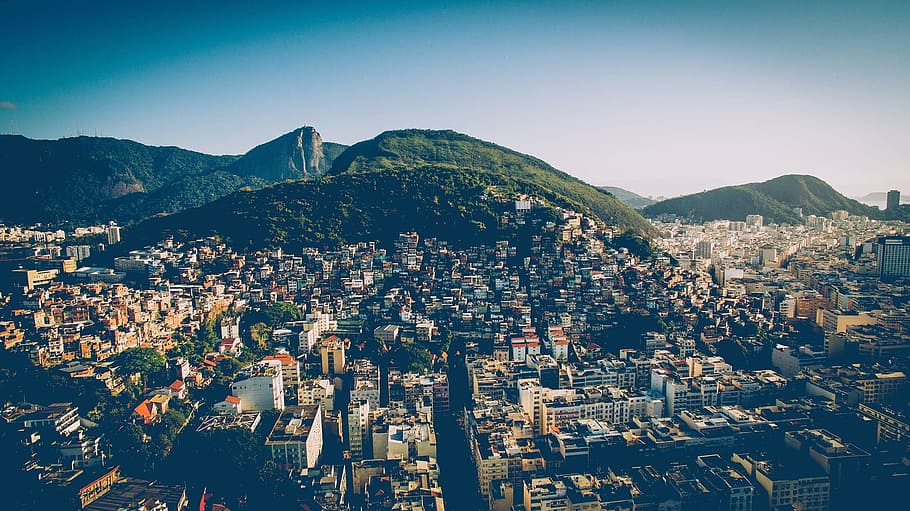 mountain, trees, highland, landscape, nature, buildings, city HD wallpaper