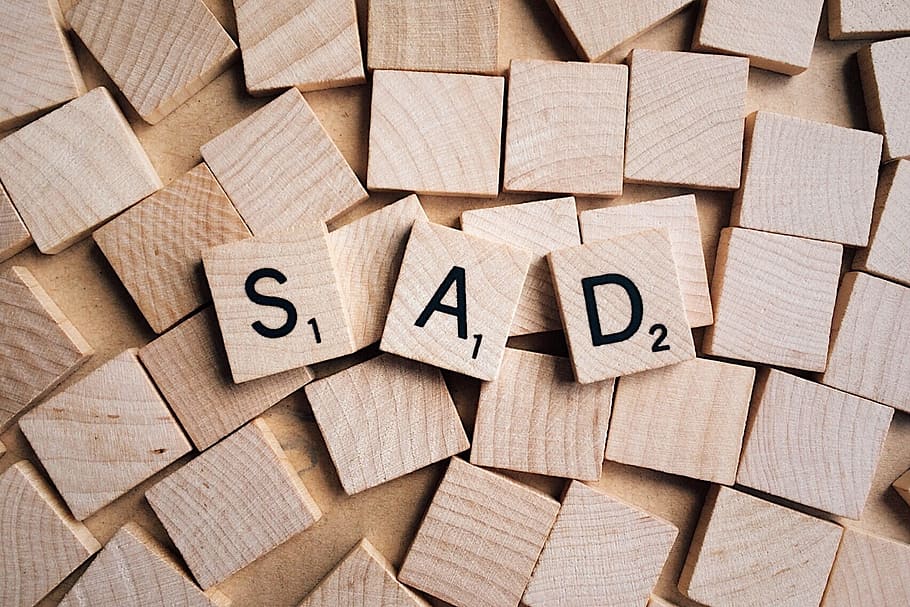 brown Sad scramble piece, emotion, word, letters, wooden, large group of objects HD wallpaper