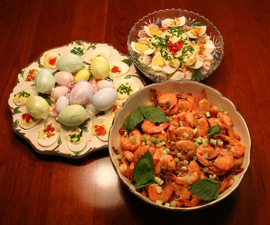 buffet, dinner, food, shrimp, potato, salad, eggs, table, food and drink HD wallpaper