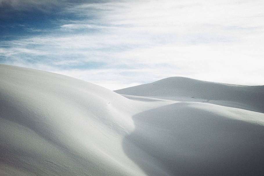 white desert plains under cloudy skies, snow, blue, sky, hill HD wallpaper