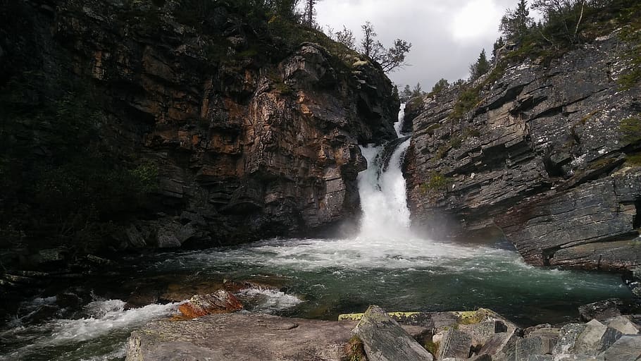 Waterfall, Forest, River, Rock, mountain, motion, scenics, nature HD wallpaper