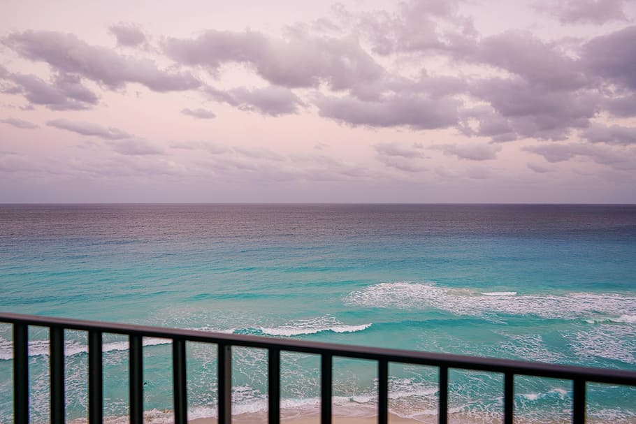 clear blue sea near wooden balcony, cancun, mexico, clouds, ocean view, HD wallpaper