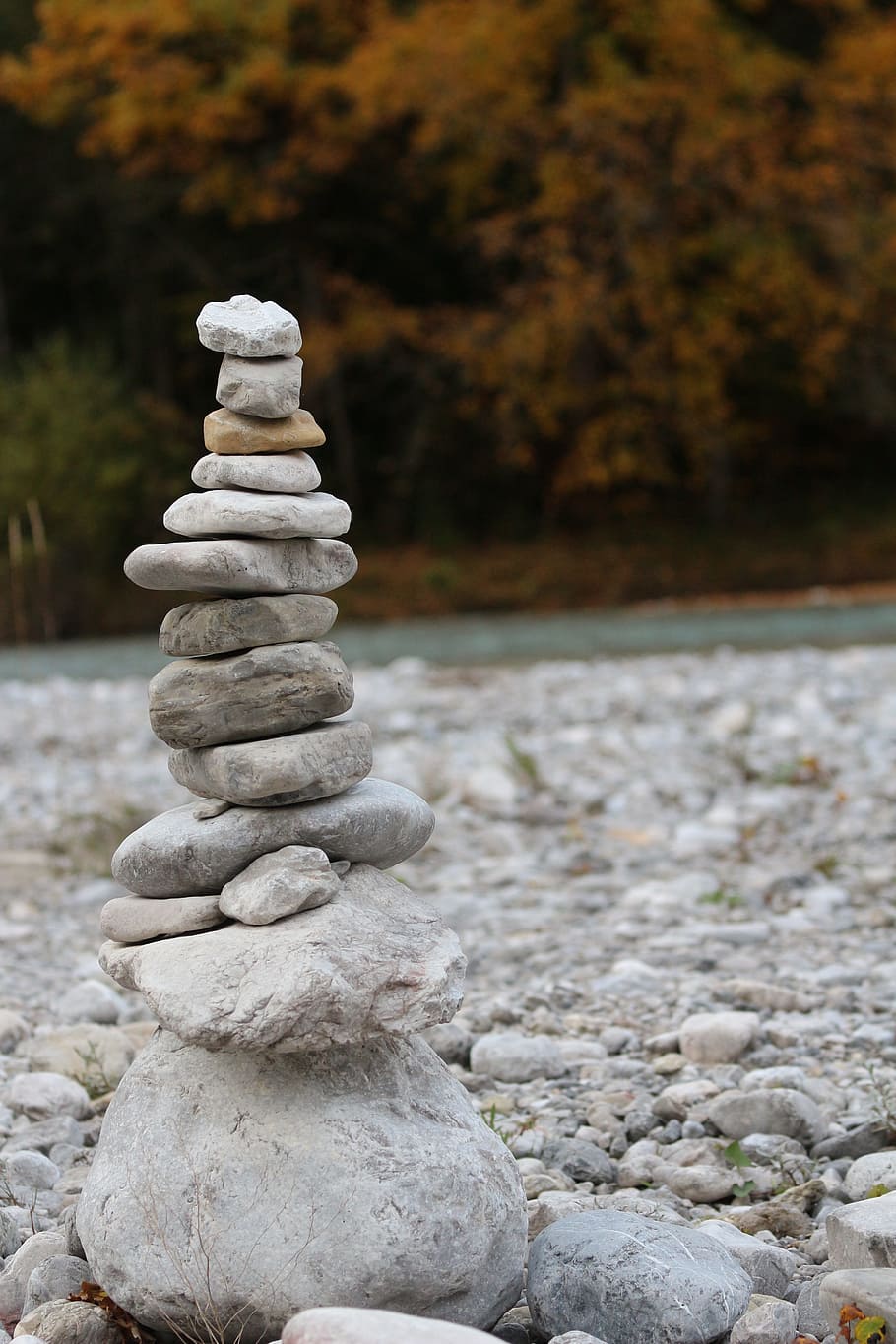 stone tower, river, water, nature, cairn, turret, autumn, forest, HD wallpaper