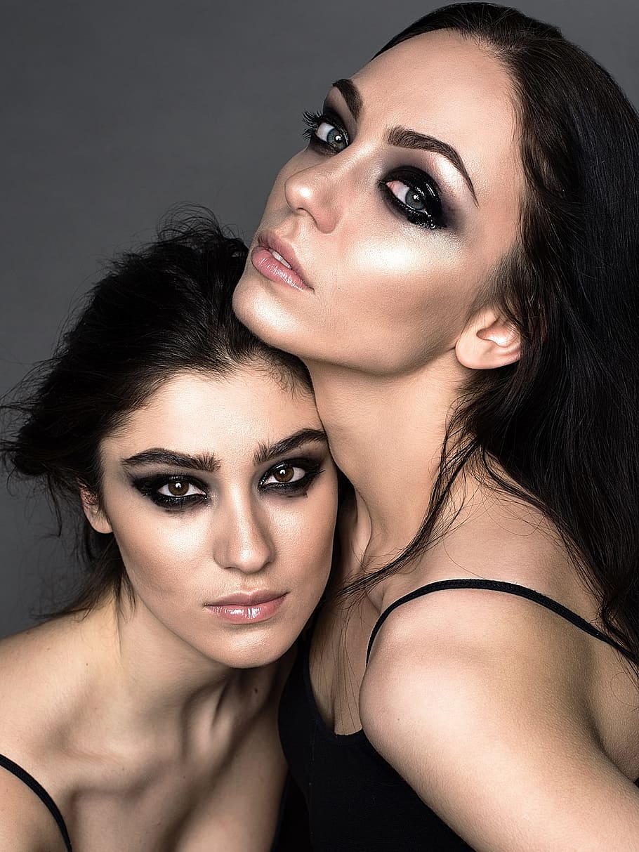 two women with makeup wearing spaghetti strap tops, girls, beauty