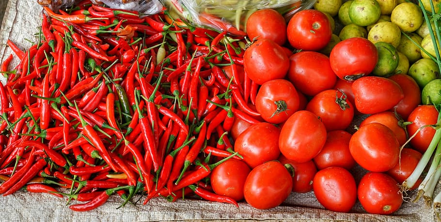 HD wallpaper: pile of chili and tomatoes, chillies, red, fruit, spices ...