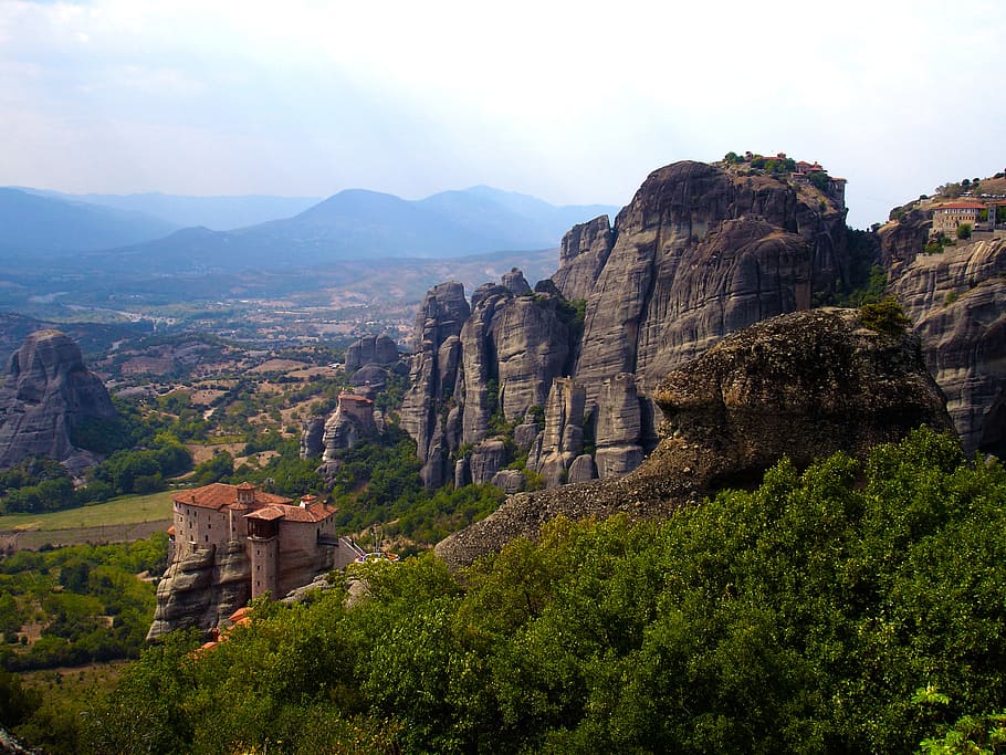 overlooking mountain, meteora, greece, monastery, olympus, fortress HD wallpaper
