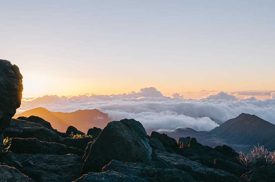 mountains covered by white clouds, birds eye photography mountain HD wallpaper