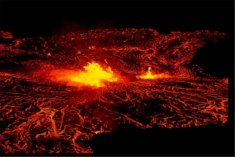 red lava, hawaii volcanoes, national park, lava flow, night, landscape