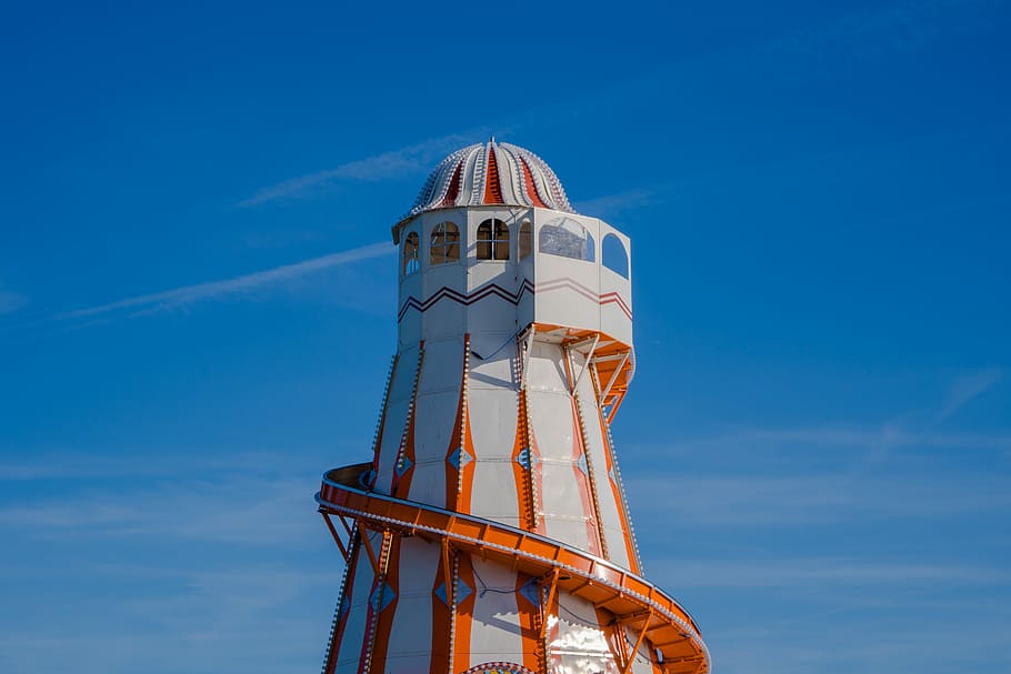 white and orange tower, blue, sky, sun, fun, structure, sunny HD wallpaper