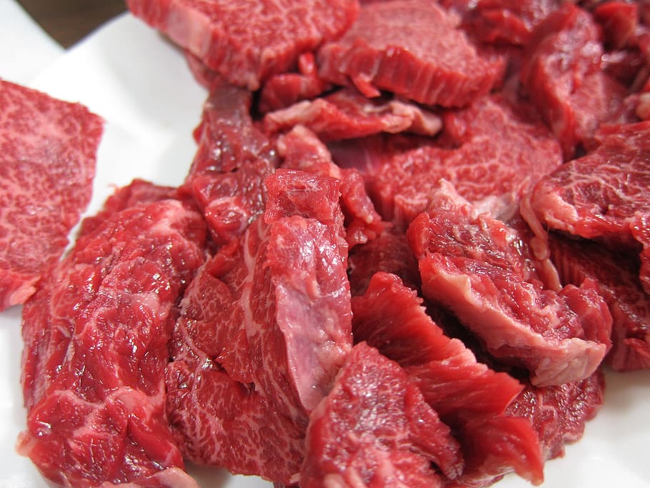 pile of raw meat on white plate, beef, korean food, sirloin, assorted meat