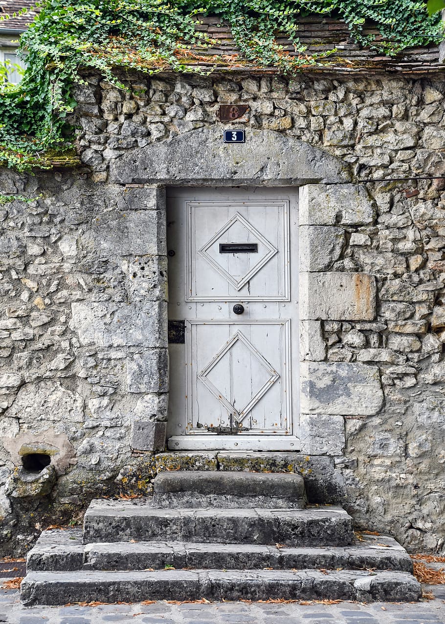 door, former, house, pierre, white, building, old, ivy, staircase, HD wallpaper