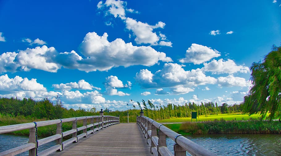 air, clouds, bridge, landscape, cloud - sky, nature, water HD wallpaper