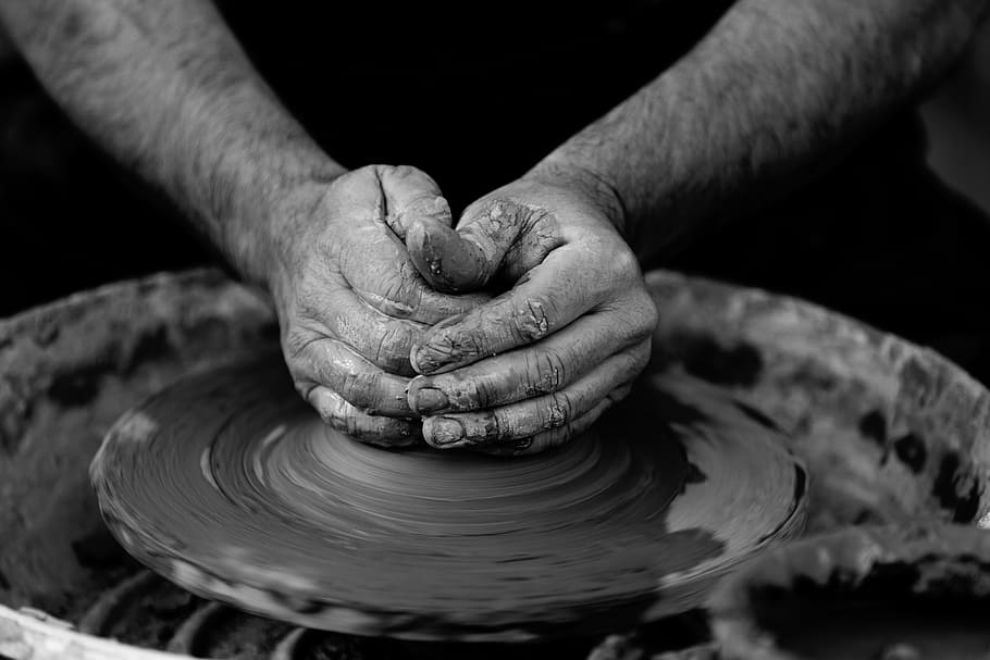 grayscale pottery photo, art, clay, craft, hands, man, person, HD wallpaper