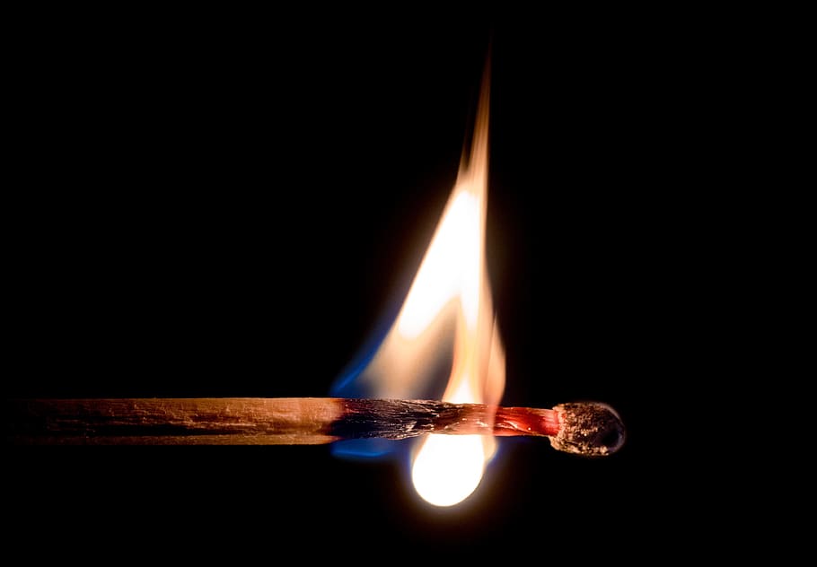 macro photography of match with fire, lit match, flame, glow, HD wallpaper