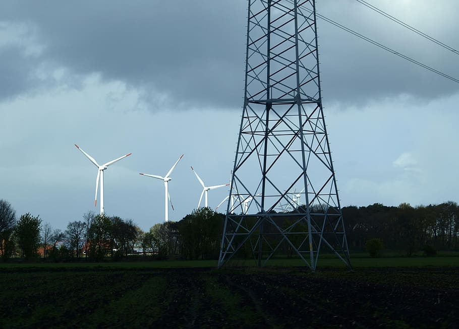 energy, windmills, windräder, turn, east frisia, current, strommast HD wallpaper