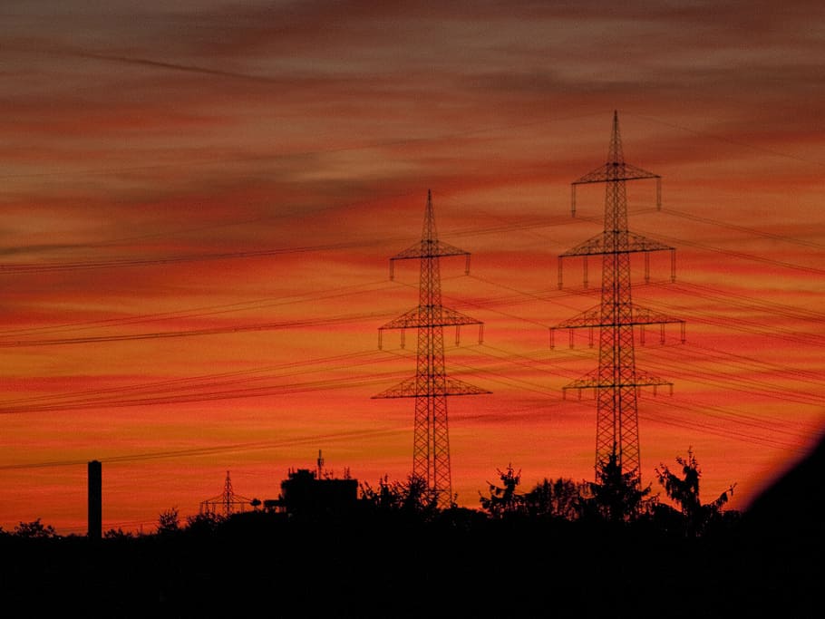 silhouette photo of two towers, afterglow, evening, red, sun HD wallpaper