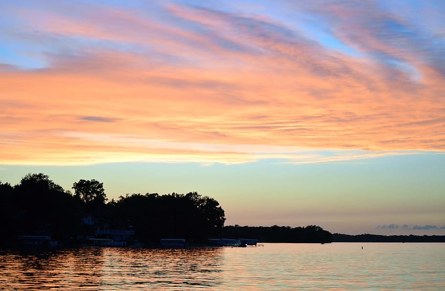 wide angle photo of body of water during sunset, lake, reflection HD wallpaper