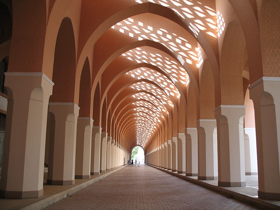 building halls, mosque, arcade, corridor, interior, perspective, HD wallpaper