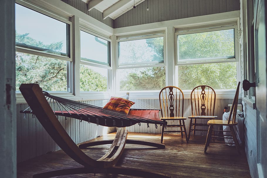 house, home, empty, chairs, hammock, windows, glass, wood, sun, HD wallpaper