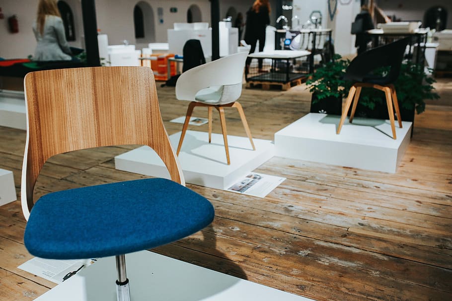 Various designer chairs and tables on an exhibition, art, installation HD wallpaper