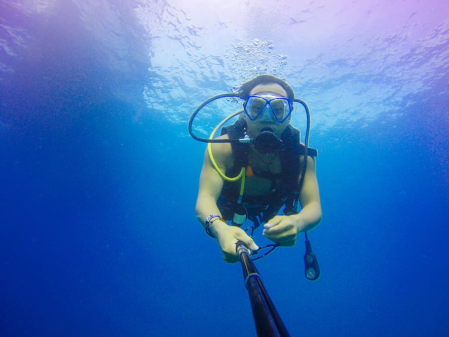 sea, man, person, water, deep ocean, equipment, goggles, leisure, HD wallpaper