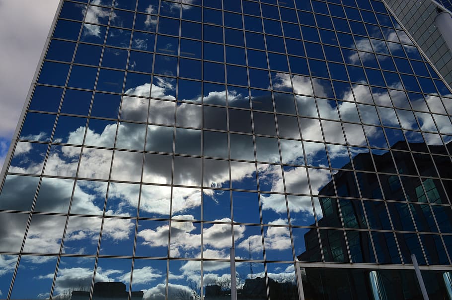 building, clouds, reflection, glass, windows, blue, architecture HD wallpaper
