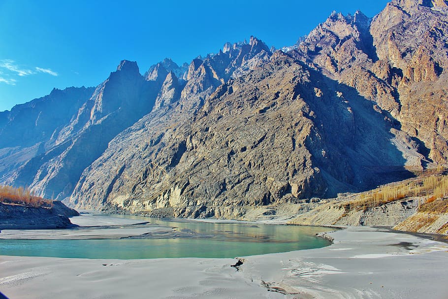 mountains and lake, hunza, pakistan, river, landscape, valley
