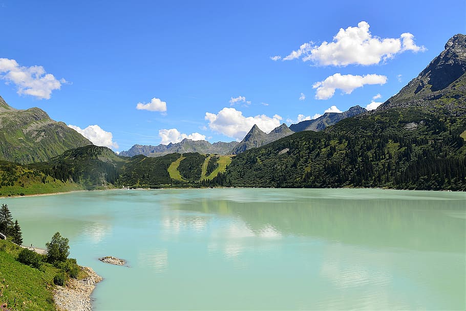 lagoon, mountains, and clouds during daytime, lake, panorama, HD wallpaper