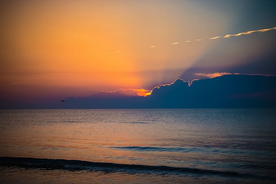 landscape photo of seashore at golden hour, photo of sea, sunset HD wallpaper