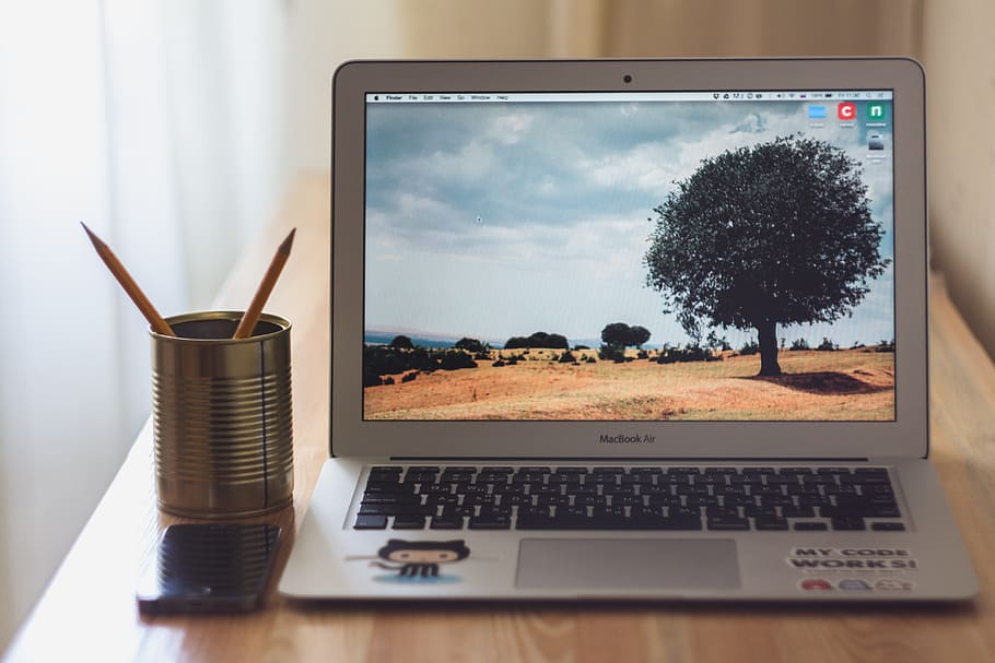 macbook air, laptop, computer, technology, pencils, stationary HD wallpaper