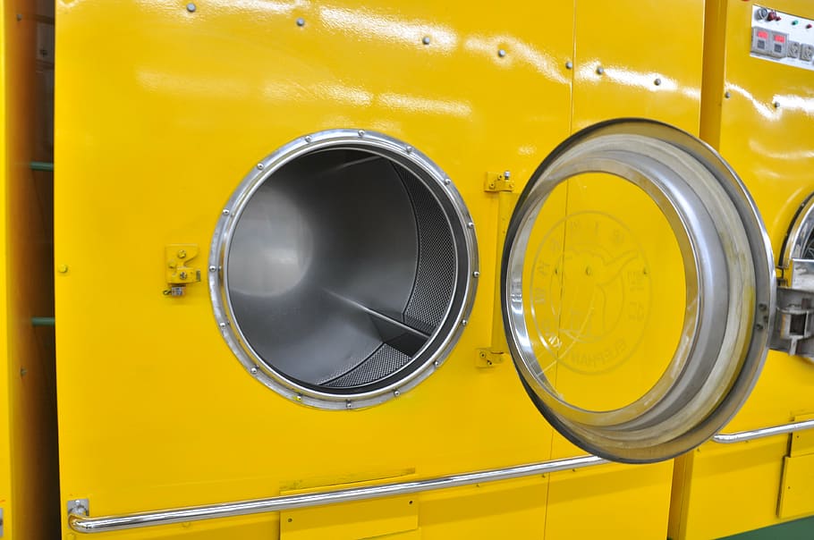 yellow front-load washer, photography, shop, laundry, washing machine, HD wallpaper