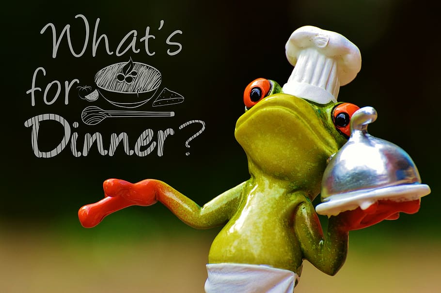 green and red ceramic chef frog decor with text overlay, cooking HD wallpaper