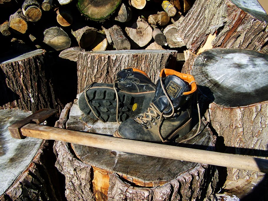 boots, axe, wood-cutting, wood - material, nature, day, no people HD wallpaper