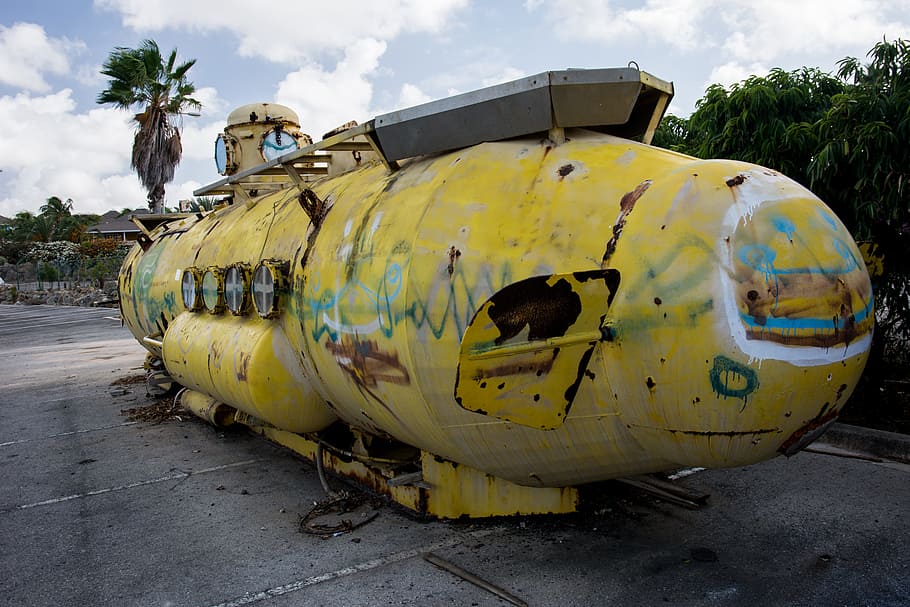 graffiti, old, submarine, u-boat, yellow, sky, mode of transportation, HD wallpaper