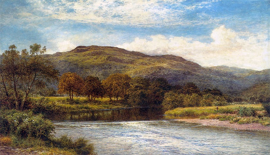 river with trees beside painting, john prout, mountains, forest HD wallpaper