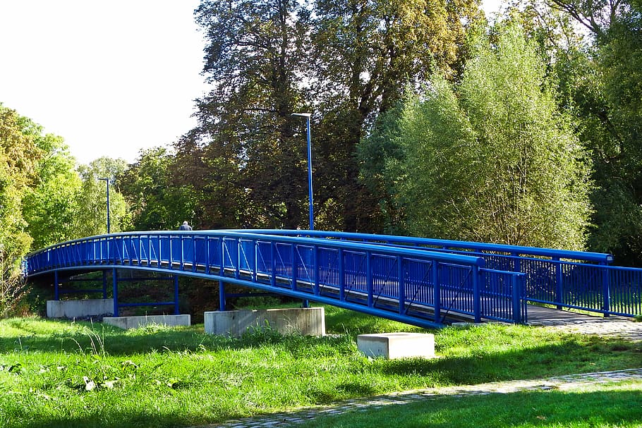 bridge, blue, transition, river, away, walk, rush, plant, tree HD wallpaper