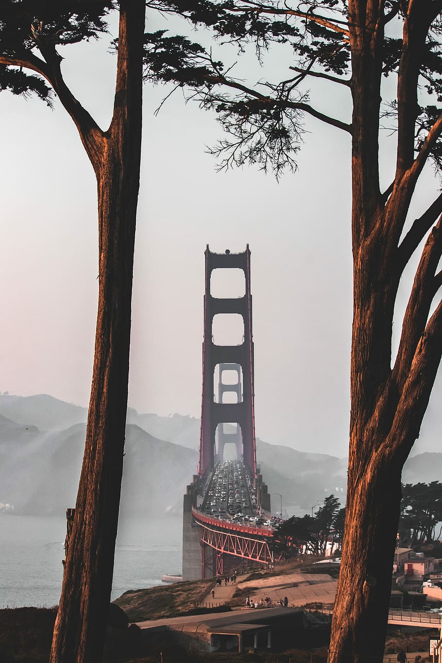 painting of bridge with carts, photography of red steel bridge HD wallpaper