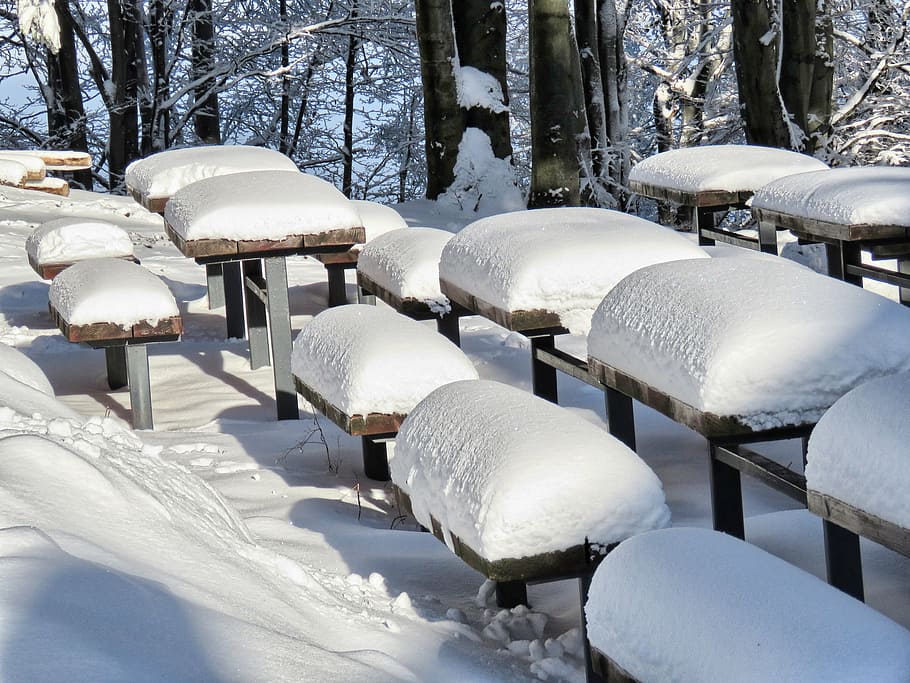 winter, snow, bench, benches, mountains, biel, leskowiec, beskids HD wallpaper
