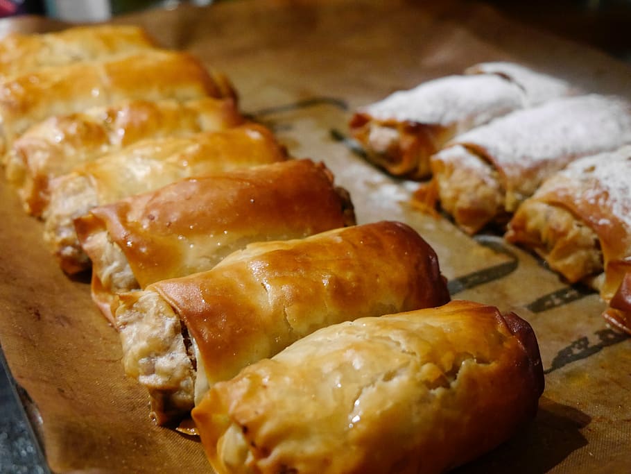 strudel, baking, pastry, apple, food, freshness, bread, homemade HD wallpaper