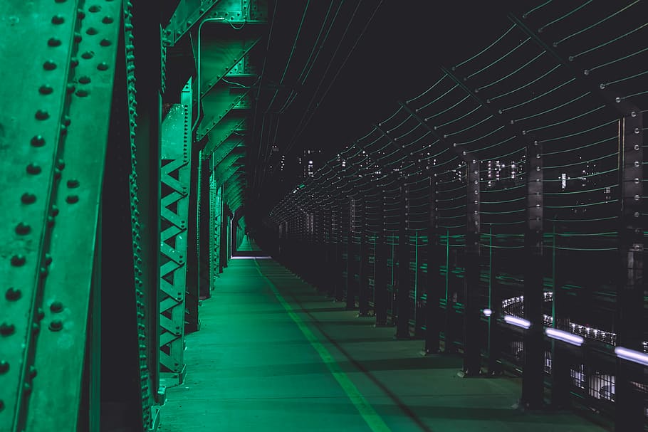 pathway at night, train station with rails, bridge, architecture HD wallpaper