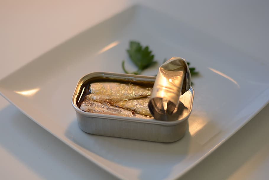 opened sardine can near parsley leaves, sardines, food, fish HD wallpaper