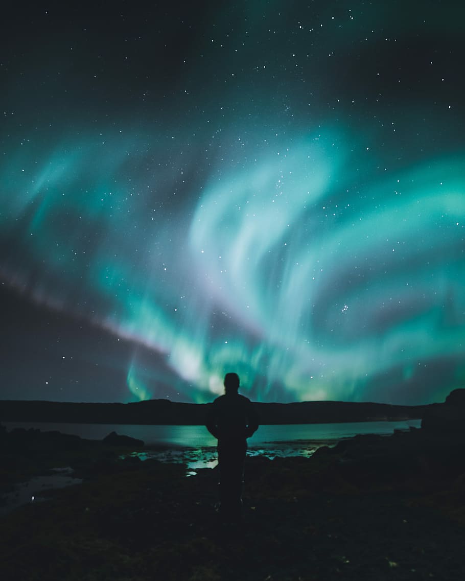 person standing on ground under sky lights, man looking at Aurora Borealis light outdoor