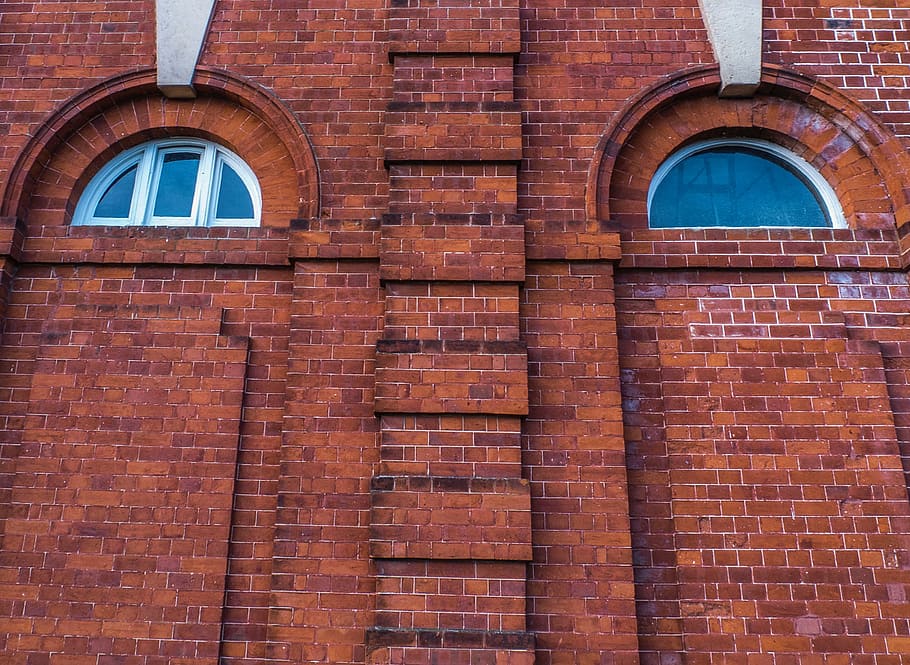 bricks, eyes, wall, face, symbol, building, architecture, red HD wallpaper