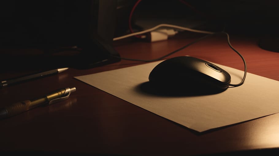 black corded computer mouse on mouse pad, work, desk, office HD wallpaper