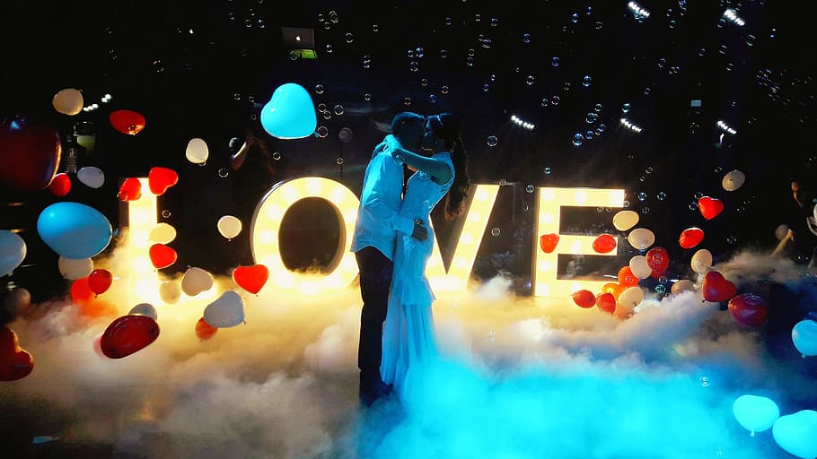 wedding, love, letters, romantic, night, illuminated, multi colored HD wallpaper