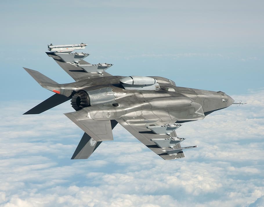 flying gray fighter plane, military jet, flight, f-35b, joint strike fighter