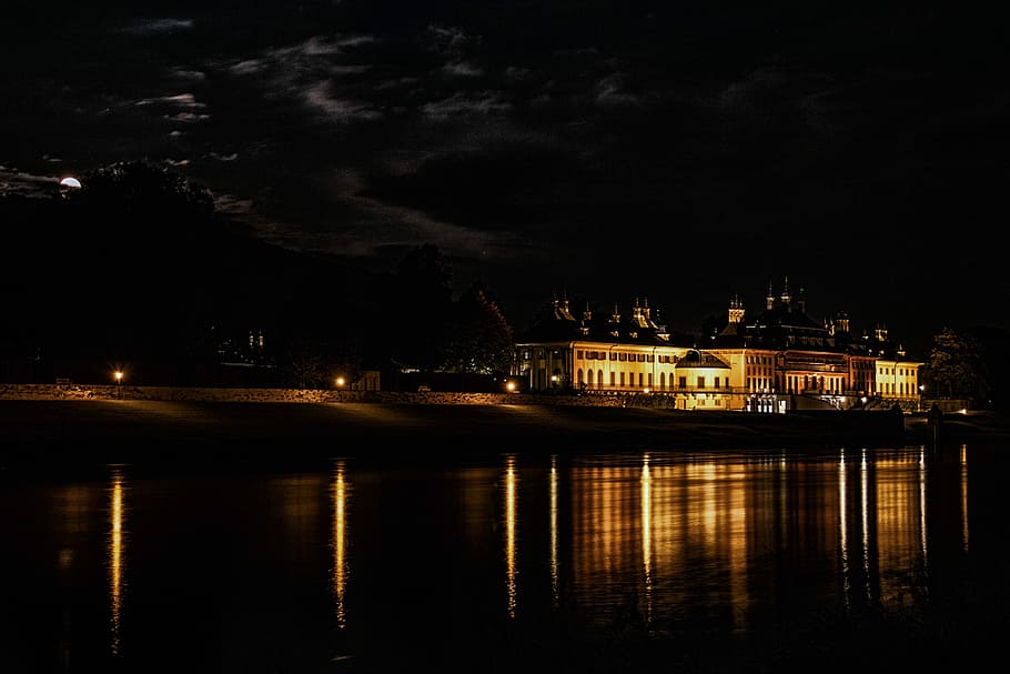 Saxony, Pillnitz, Castle, Elbe, Dresden, historically, night HD wallpaper